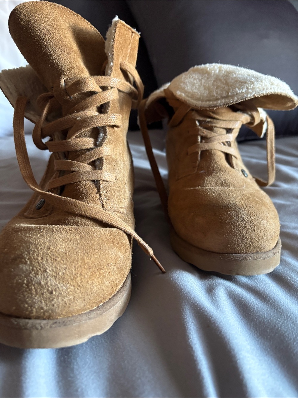 BearPaw Tan Suede Lace-Up Ankle Boots with Shearling Collar